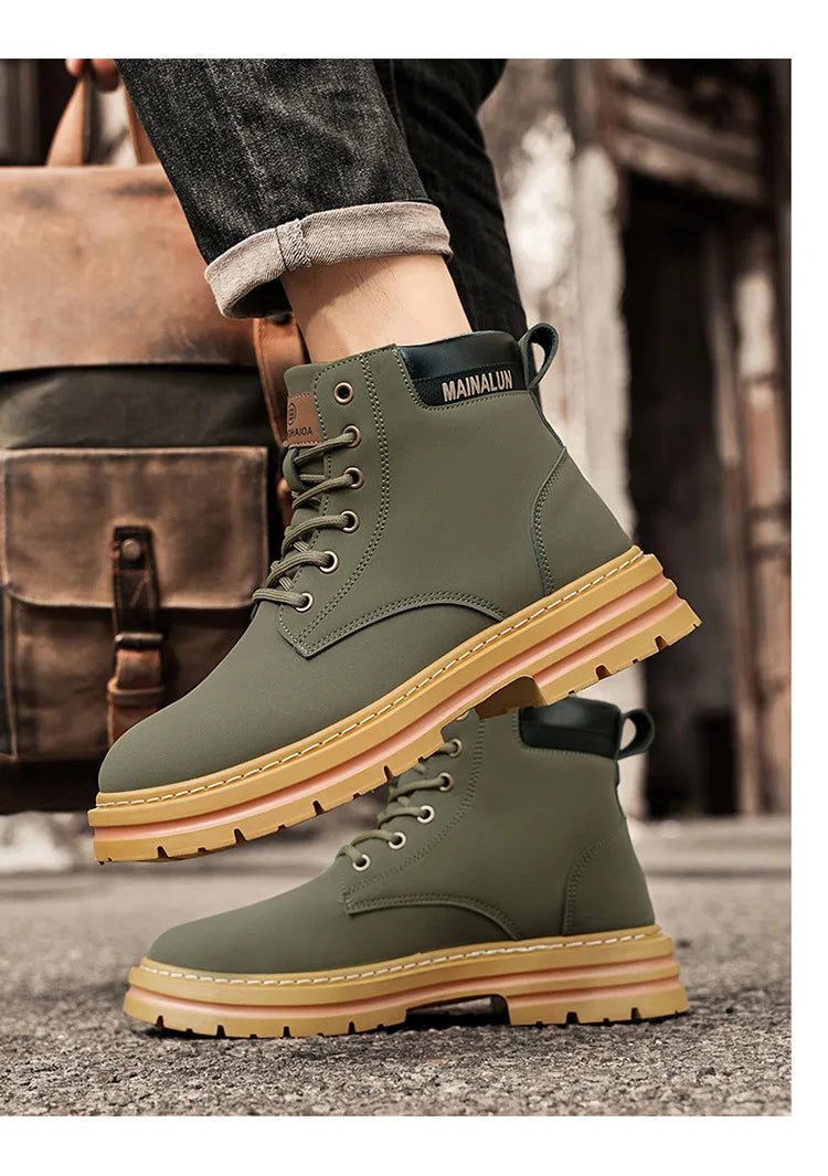 Classic Men High Top Boots High Quality Yellow Leather Boots Fashion Outdoor Sneakers Men Lace Up Non-Slip Ankle Boots for Men