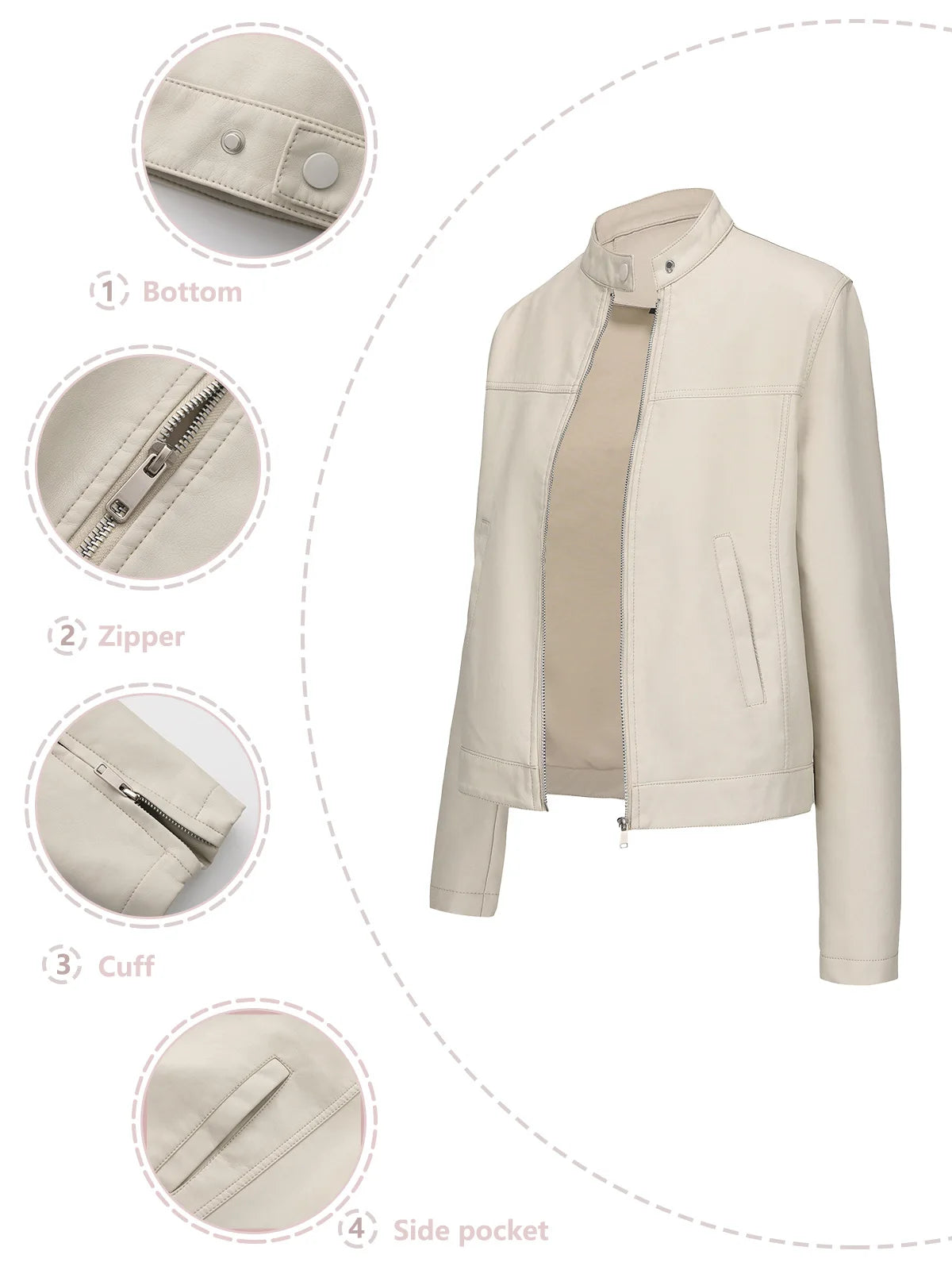 Black Women's Fitted Leather Jacket with Front Zipper & Side Pockets‌, Available in Brown, Navy Blue, and Beige.