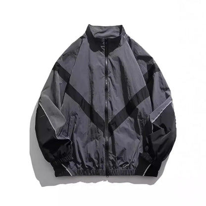 Trendy American Style Zippered Hooded Jacket Men's Loose Fit Casual Autumn Fashion Thin Jacket Reflective Patchwork Stand Collar