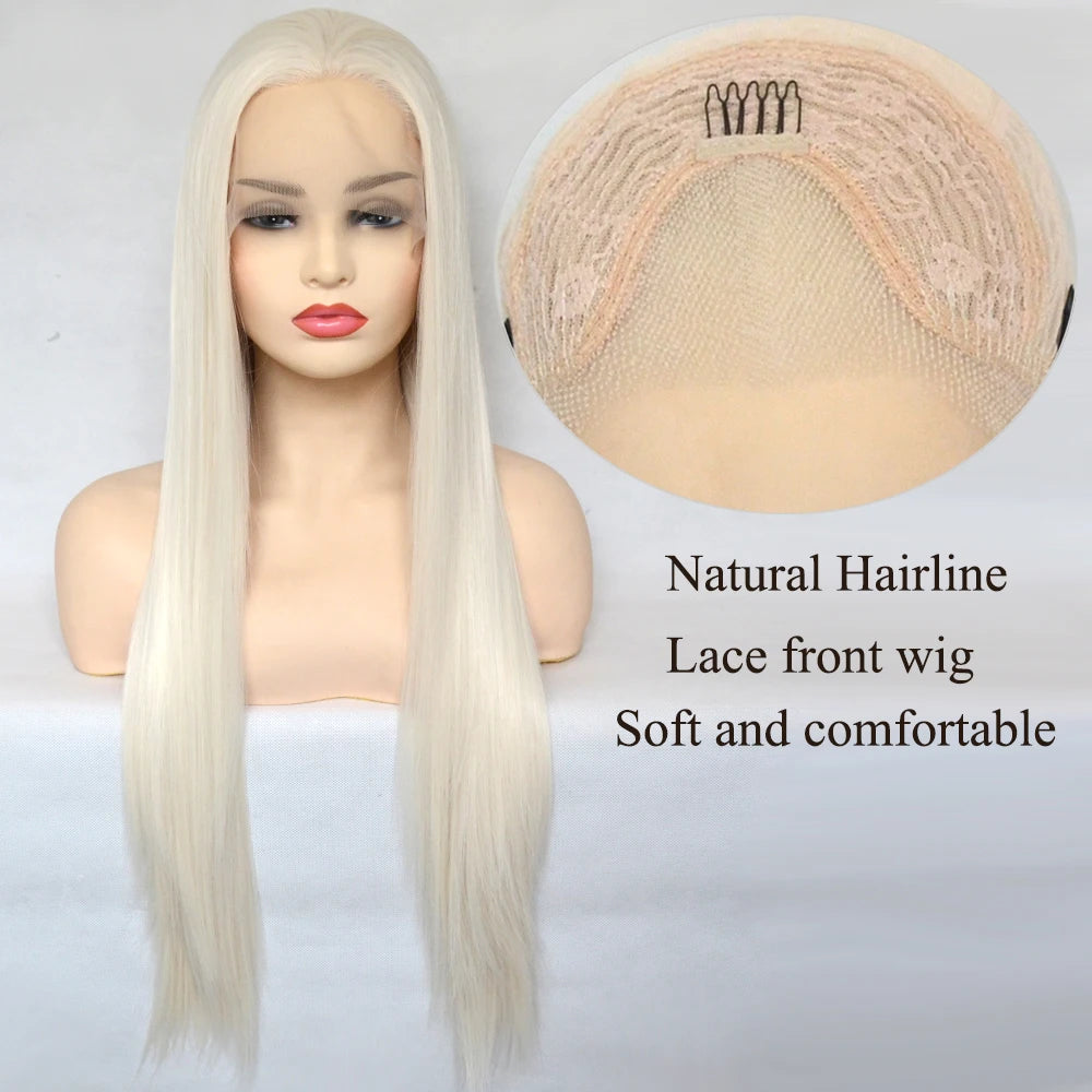 Voguequeen Platinum Blonde Synthetic Lace Front Wigs Silky Straight Heat Resistant Fiber Daily Wear For Women