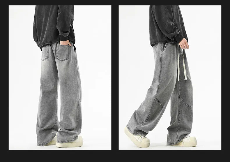2025 Hip-hop Baggy Denim season elastic waist New Korean Men's Jeans American Loose Fit Wide-leg Straight Casual Trousers Street