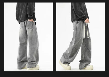 2025 Hip-hop Baggy Denim season elastic waist New Korean Men's Jeans American Loose Fit Wide-leg Straight Casual Trousers Street