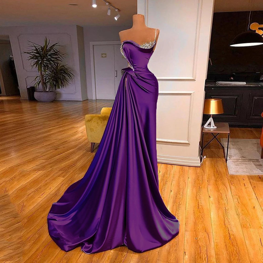 Lilac Evening Dress 2026 Beading One Shoulder Stones Ruched Sweep Train Robe De Soiree Women Pageant Party Gowns