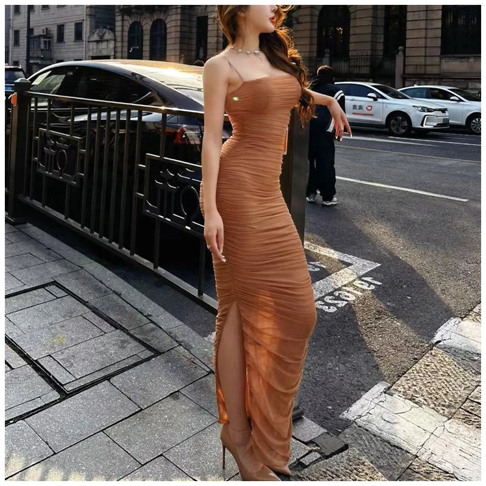 Womens Dress Mesh Ruched Slim Fit Long Spaghetti Strap Elegant Dress Must Have For Elegant Parties And Evening Banquets