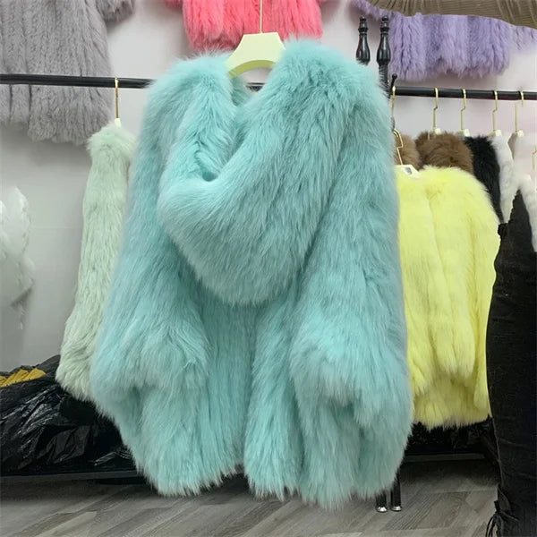Fox Fur Coat Women's Winter Fashion Warm 100% Fox Fur Coat Hooded Long Sleeved Sweet Women's Luxury Designer Coat