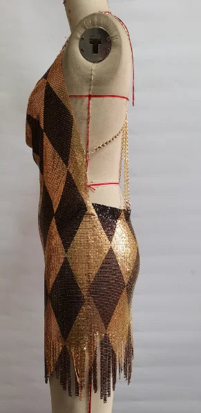 Sexy Backless Dresses For Woman Argyle Sequined Mini Dress Chain Strap Outwear V-Neck Sleeveless Summer Trendy Club Party Outfit