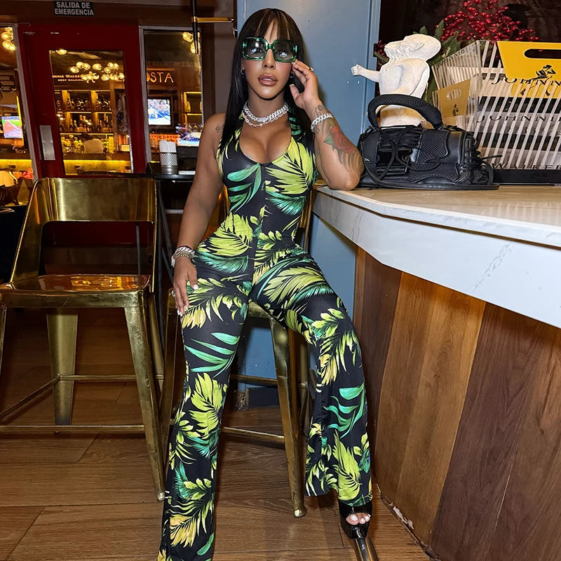 CUTENOVA Women'S V-Neck Tropical Botanical Print Hanging Neck Tie Backless Slim Flare Jumpsuit Fashion Elegant Street Jumpsuit