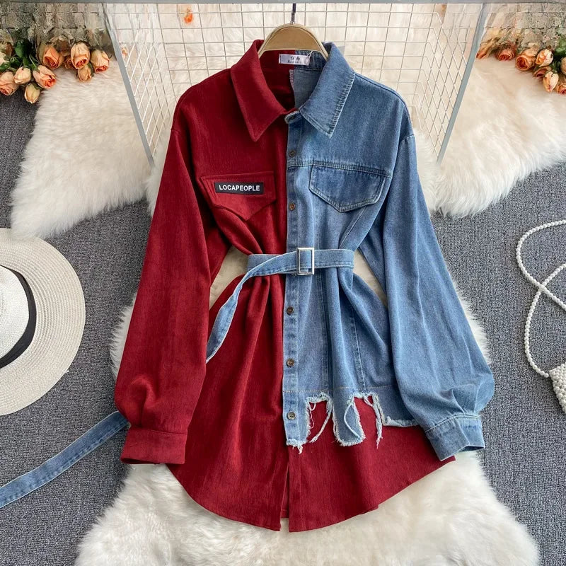 Slimming Denim Patchwork Lapel Dress Autumn Waist-fitted Medium-length Shirt