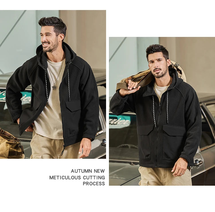 Autumn Velvet Hooded Jacket Men Outdoor Sport Techwear Loose Casual Plus Size Hoodie Cargo Jacket Outerwear Coat