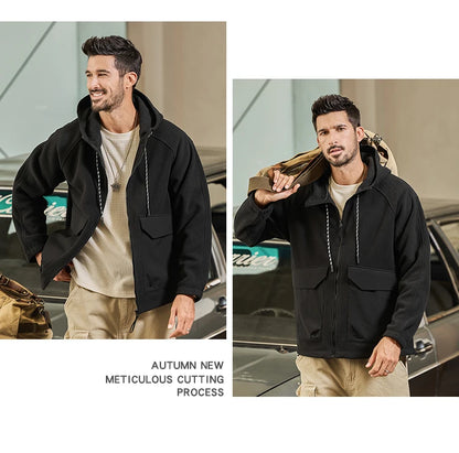 Autumn Velvet Hooded Jacket Men Outdoor Sport Techwear Loose Casual Plus Size Hoodie Cargo Jacket Outerwear Coat