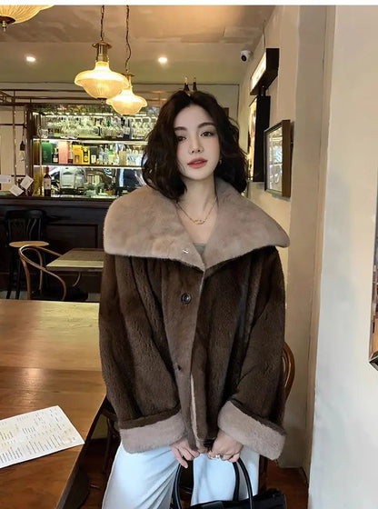 2025 New Coffee Colored Faux Mink Fur Spliced Lapel Fur Coat for Women Young and Loose