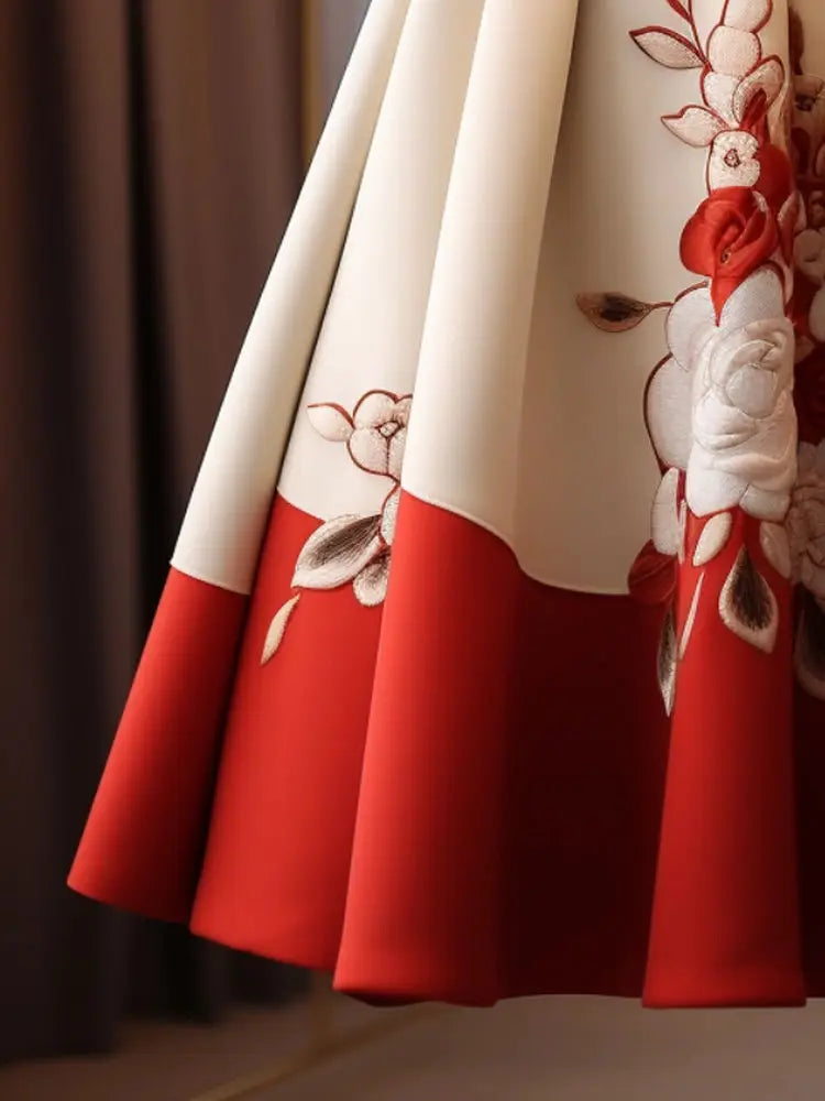 Vintage Red Flower Print Skirt for Women Y2k Slim Waist Mid-length Loose Faldas Mujer 2026 Spring New Skirt for Women