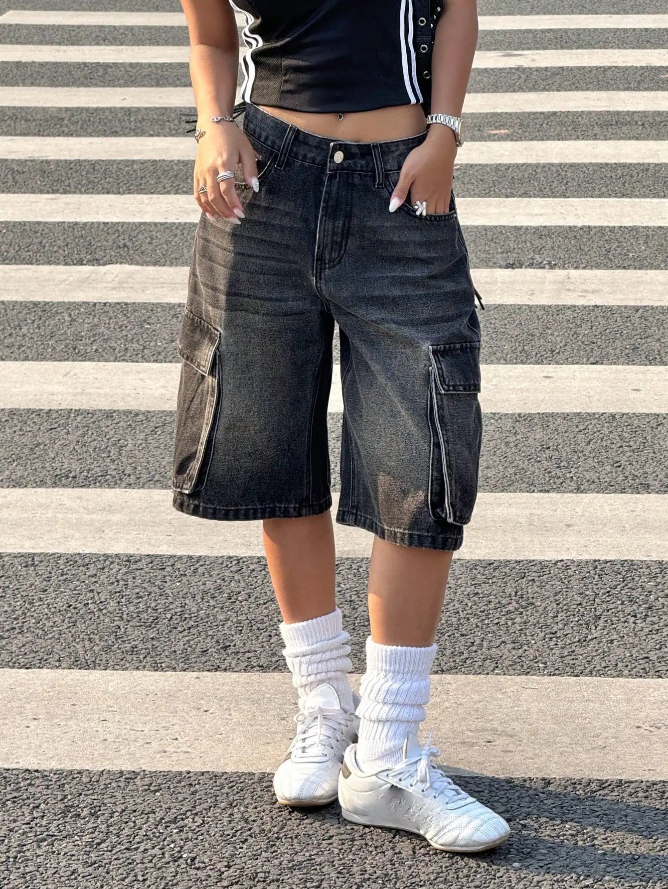 American retro workwear denim shorts women's summer new style loose side three-dimensional large pocket casual five quarter pant