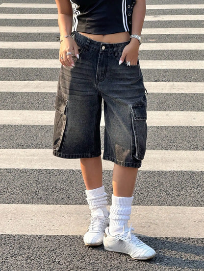 American retro workwear denim shorts women's summer new style loose side three-dimensional large pocket casual five quarter pant