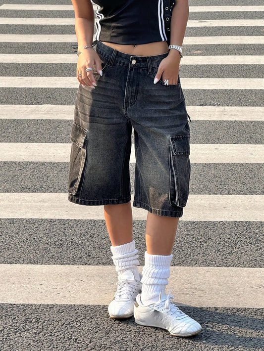 American retro workwear denim shorts women's summer new style loose side three-dimensional large pocket casual five quarter pant