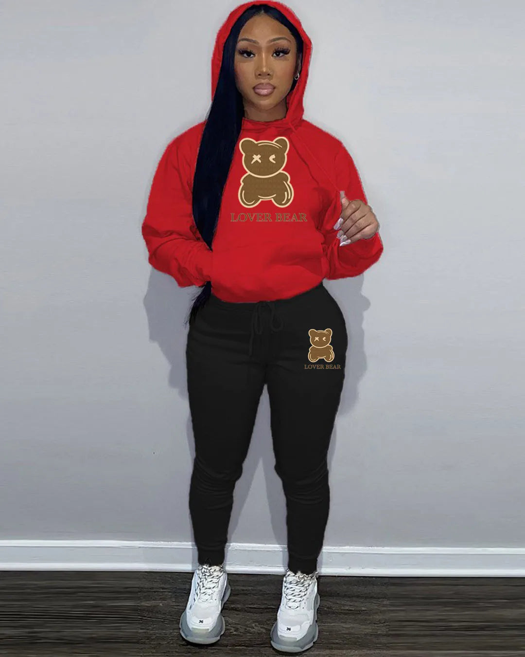 2 Piece Set Women Outfit Letter Bear Print Hooded Neck Hoodies Sweatshirt Pants Tracksuit 2024 Plus Size Streetwear Casual Suit
