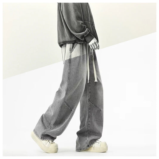 2025 Hip-hop Baggy Denim season elastic waist New Korean Men's Jeans American Loose Fit Wide-leg Straight Casual Trousers Street