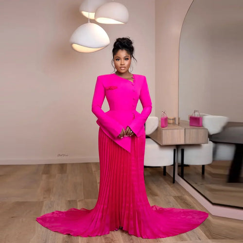 2025 Long Plus Size Peplum Pleated Women Formal Gown With Sleeves Draped Buttons Evening Dreess Elegant Fuchsia Prom Dresses