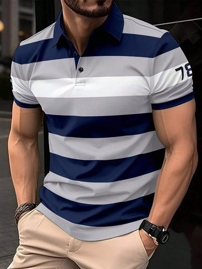 2025 New Men's Summer Short Clothes Sleeved Lapel 3D Digital Printed Striped Polo Shirt Men's Business Casual Top Clothes