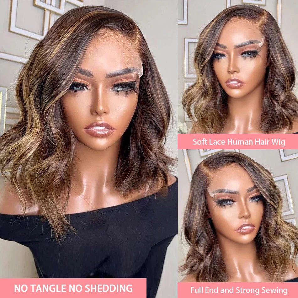 Short Body Wave Bob Wig Highlight Brown 13x4 Transparent Lace Frontal Wigs Mix Ombre Blonde 4/27 Color Brazilian 100% Human Hair