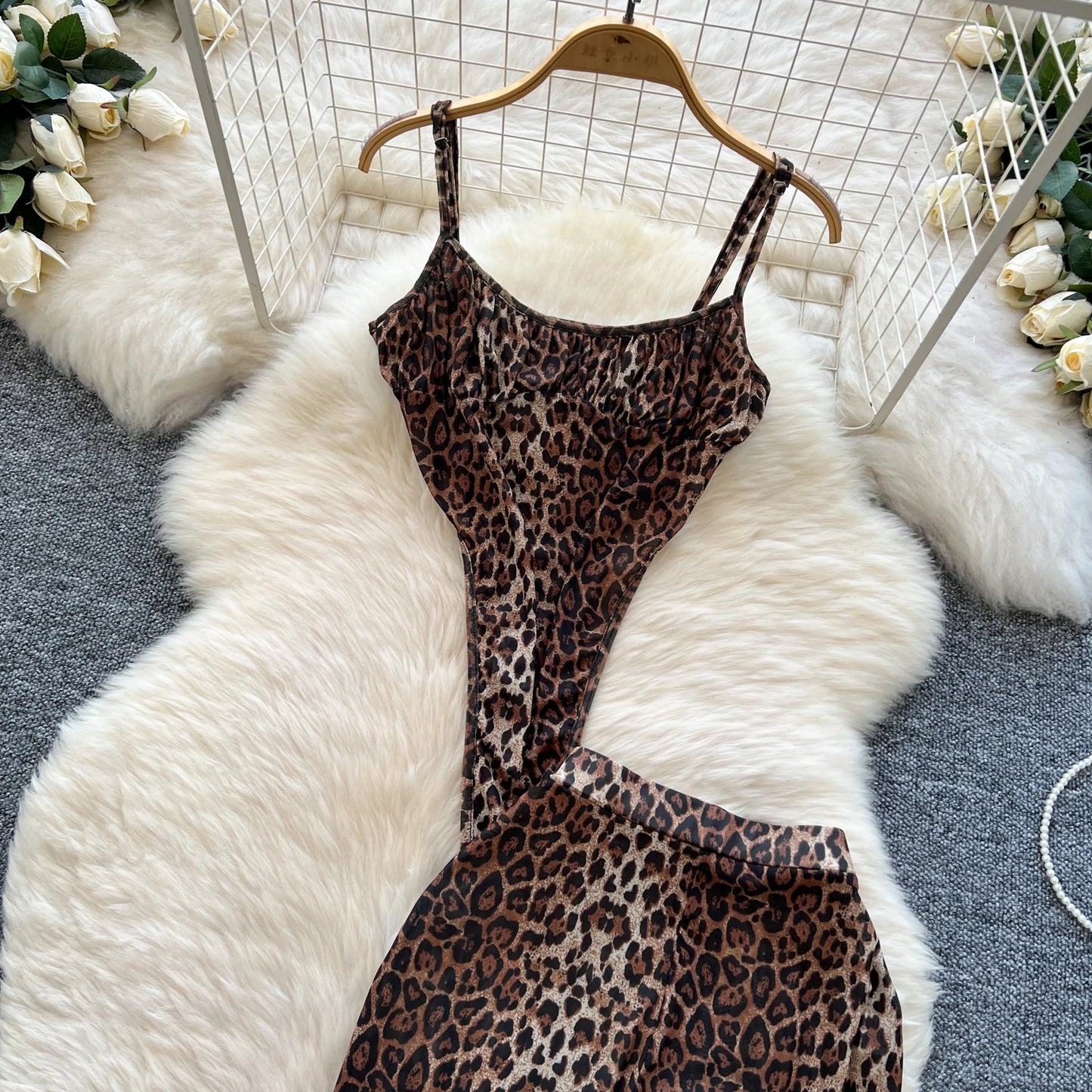 SINGREINY 2025 & 2026 Newest Leopard 2pcs Suits Women Sexy Strap Tops+Elastic Waist Flared Pants American Ins Fashion Hotsweet Sets