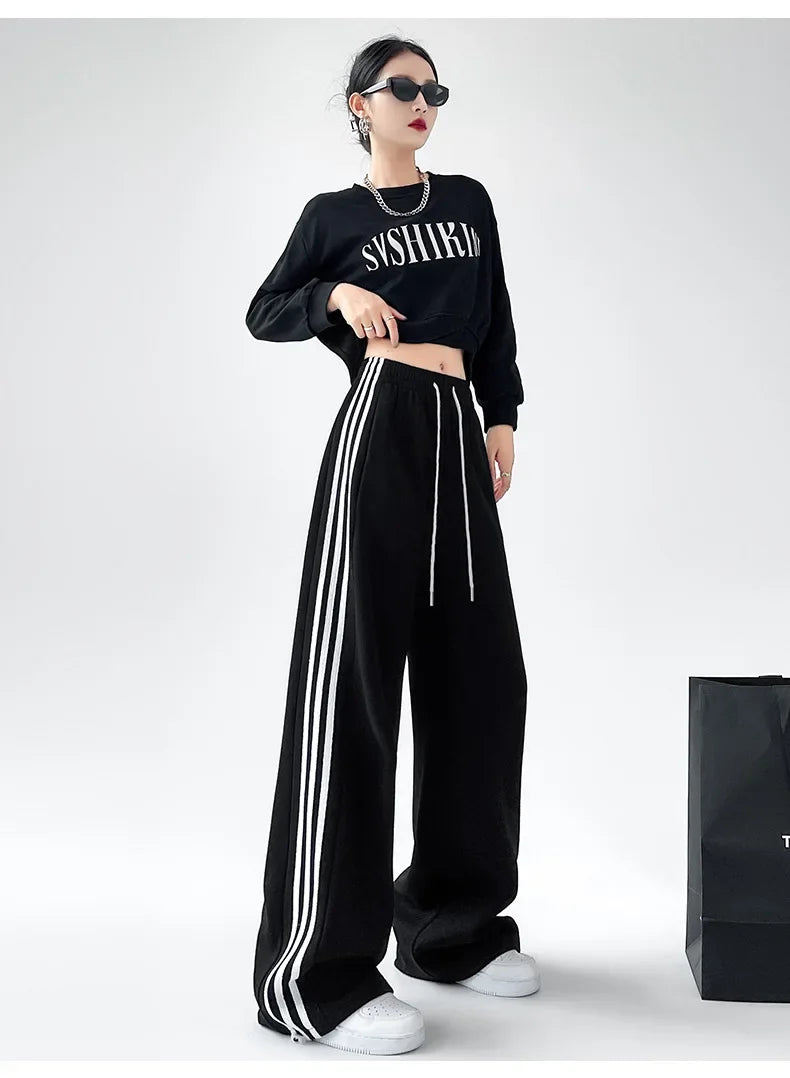 Black Striped Sports Pants Women's Spring Autumn Wide Leg Casual Loose High Waist Straight Leg Sweatpants