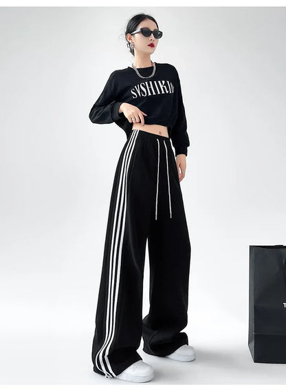 Black Striped Sports Pants Women's Spring Autumn Wide Leg Casual Loose High Waist Straight Leg Sweatpants