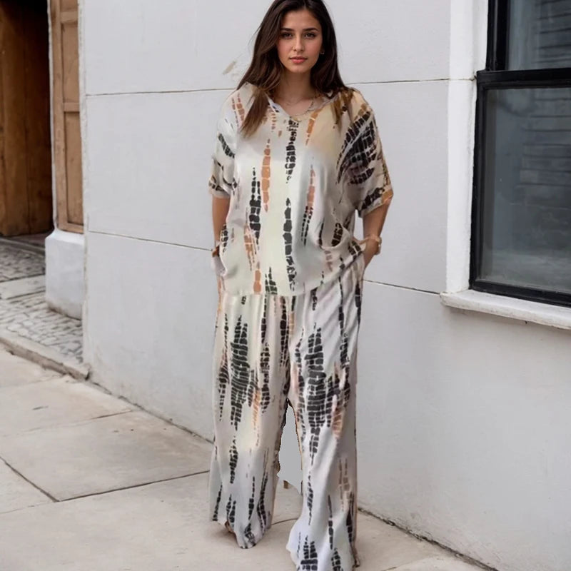 Vintage Women's Two Piece Set Outfits Fashion New Solid Print Loose Casual Round Neck Short Sleeve Top Wide Leg Long Pants Suit