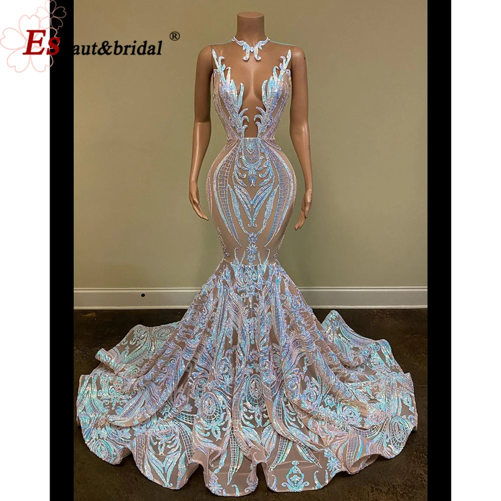 Elegant Mermaid Sequin Prom Party Dresses for Women 2025 O-neck Sleeveless African Long Formal Wedding Evening Gowns Customized
