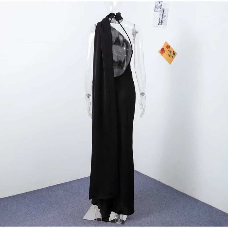 Elegant Ribbon Halter Dress Women Solid Off Shoulder Sleeveless Backless Slim Maxi Dresses 2026 Summer Autumn Party Robes Lady