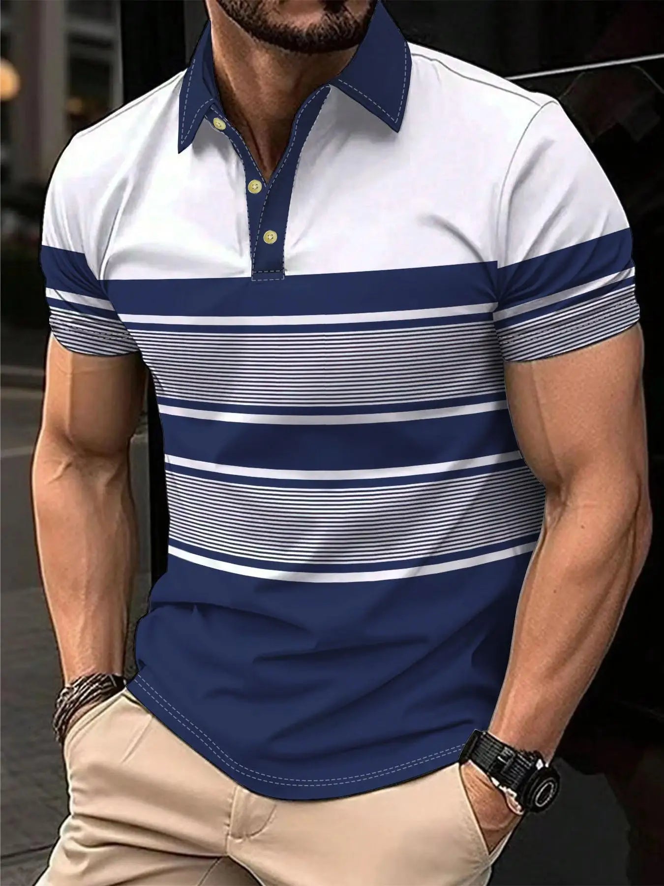 Men's Polo Shirt Summer Outdoor Casual Round Neck Short Sleeve Top Striped Printed Style OverSize T-shirt Loose Men's Clothing