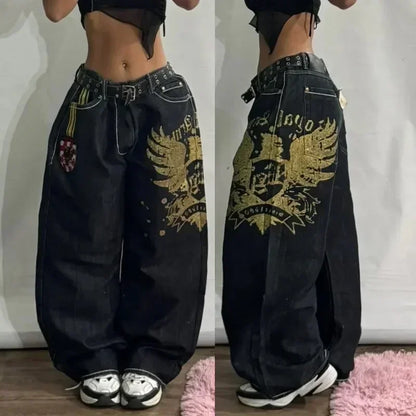 Y2K Best Selling Explosions Men and Women With Retro Embroidery Baggy Jeans Harajuku Rock Hip-Hop Casual Joker Wide Trousers