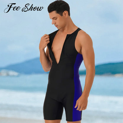 Summer Men One-piece Swimwear Swimsuit Sleeveless Front Zipper Swimming Shorts Bodysuit Triathlon Wetsuit Bathing Suit Beachwear