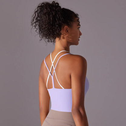 New Women Fitness Sports Bra Top Gym Yoga triangle backless Athletic Back Cutout Cross Tight Workout Soft With Chest Pad