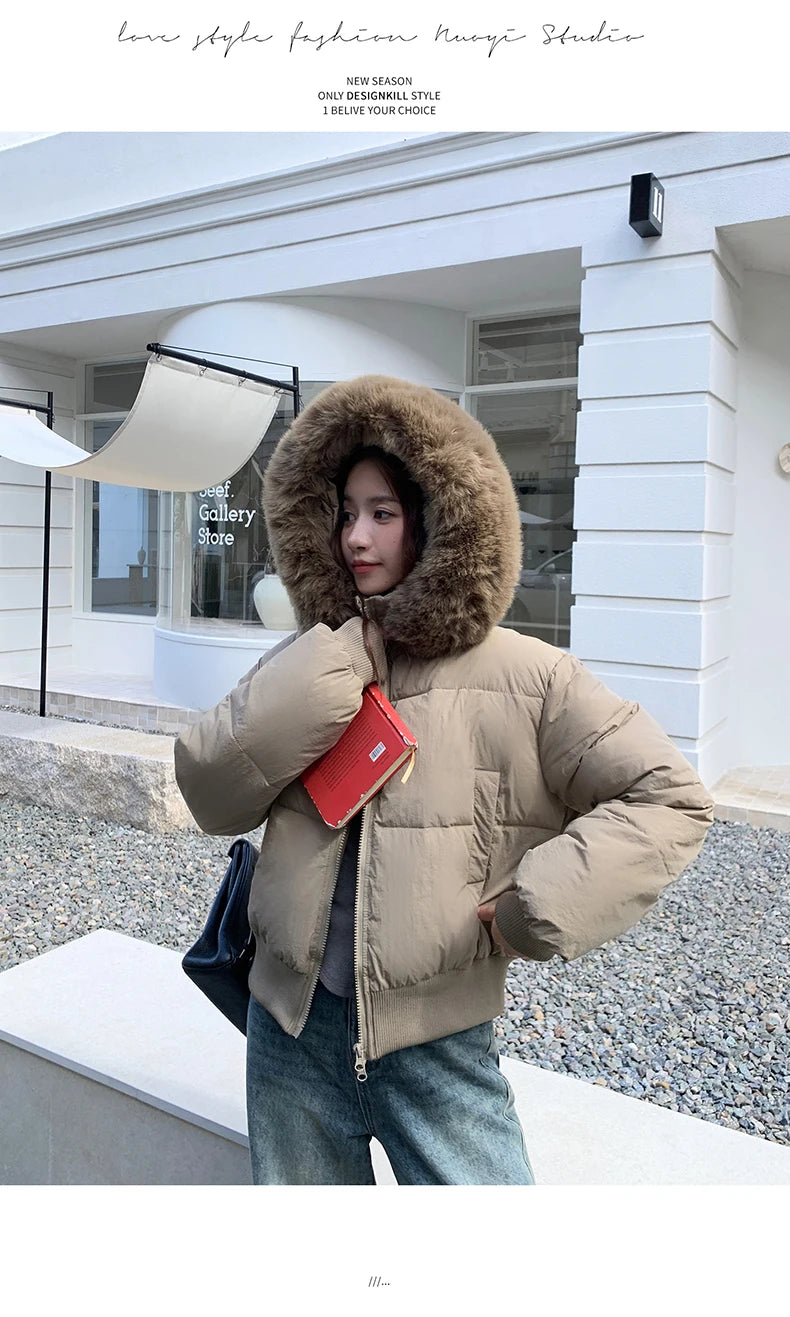 Casual Warm Fur Hooded Cropped Parkas Chic Streetwear Korean Style Down Cotton Coat Thicken Short Women's Winter 2025 Jacket