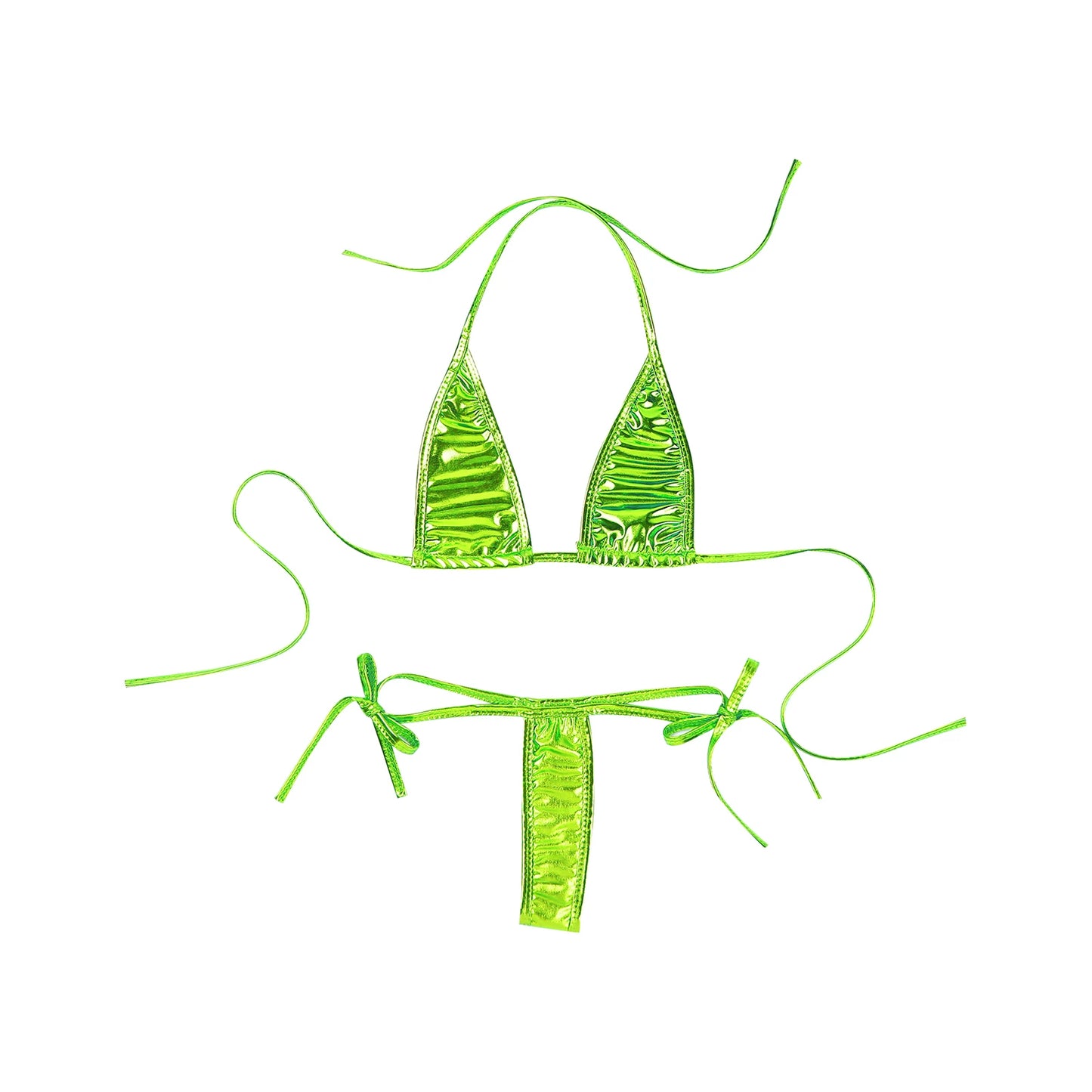 Womens Brazilian Micro Bikini Swimsuit Biquini Set Lacing Non-Padded Triangle Cup Bra Top with G-String Metallic Shiny Swimwear