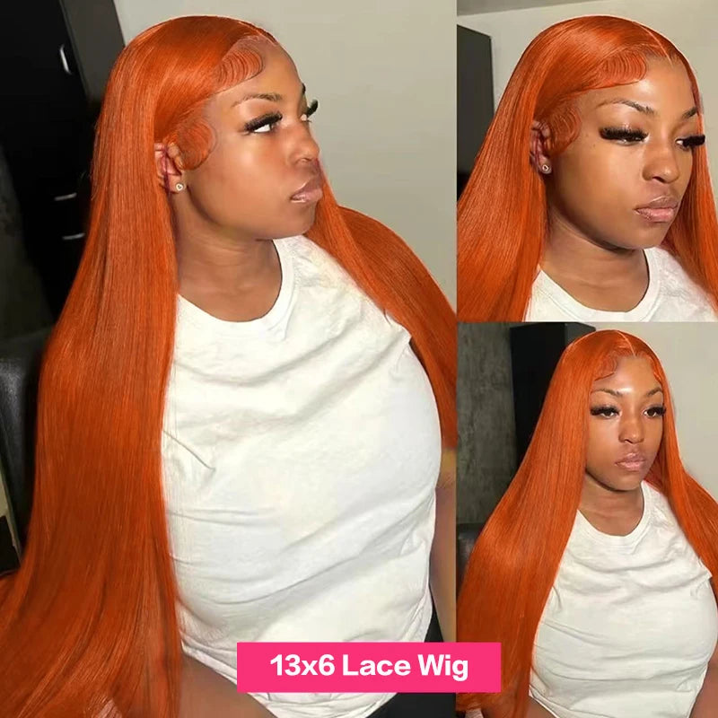 Ginger Human Hair Wig Bone Straight Ginger Orange Lace Front Wig Human Hair Transparent Lace  #350 Colored Wig With Baby Hair