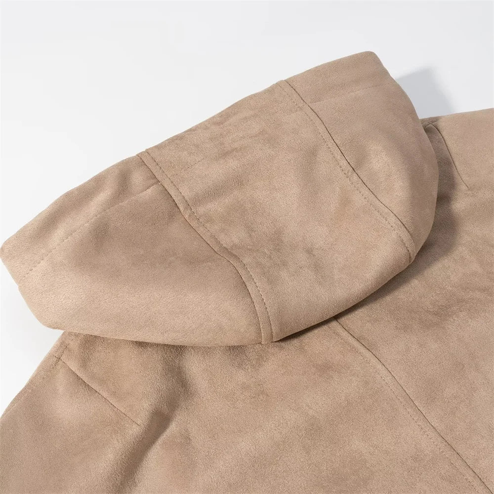 New autumn and winter women's casual loose suede texture effect hooded long sleeved solid color pilot jacket jacket