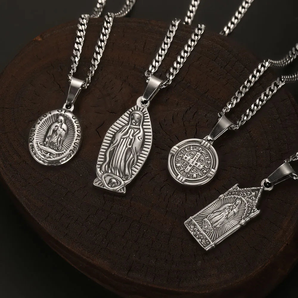 1PC Vintage Fadeless Stainless Steel Virgin Mary Necklace for Men Women Saint Benedict Medal Necklace Men Spiritual Jewelry