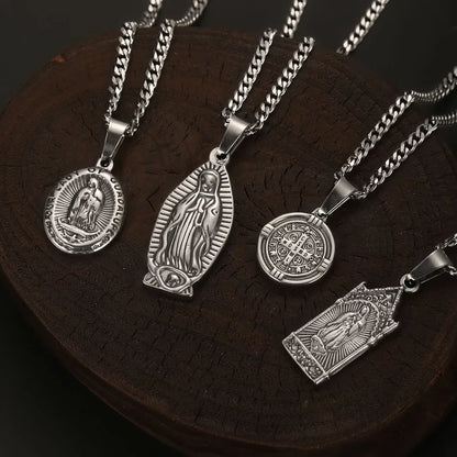 1PC Vintage Fadeless Stainless Steel Virgin Mary Necklace for Men Women Saint Benedict Medal Necklace Men Spiritual Jewelry