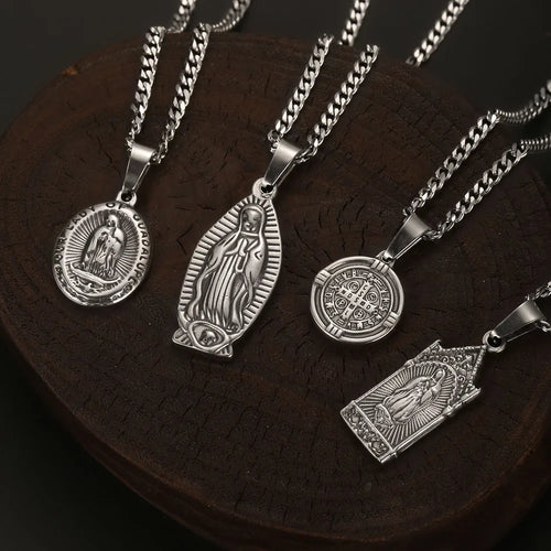 1PC Vintage Fadeless Stainless Steel Virgin Mary Necklace for Men Women Saint Benedict Medal Necklace Men Spiritual Jewelry