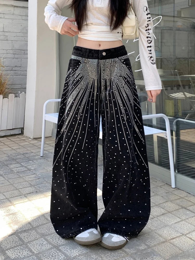 2025/2026 Ropa Y2K Style Baggy Hot Fix Rhinestone Baggy Stacked Jeans Pants For Women Clothing Wide Leg Luxury Gothic Lady Trousers
