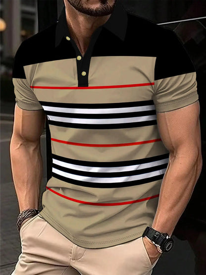 Men's Polo Shirt Summer Outdoor Casual Round Neck Short Sleeve Top Striped Printed Style OverSize T-shirt Loose Men's Clothing