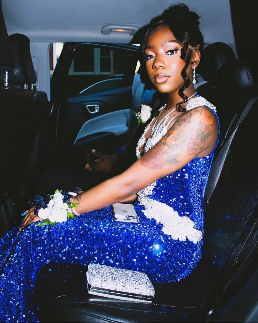 Royal Blue Sequin Mermaid Prom Dress with White Lace Applique Deep V Neck Long Train Formal Evening Gown for Graduation Party