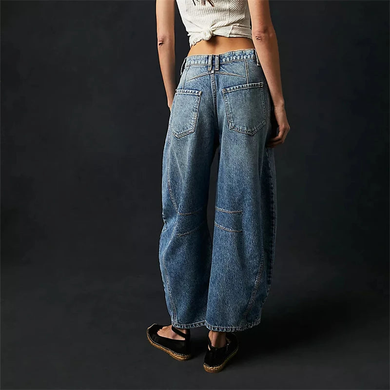 Midiross High Stretch Mid-Rise Barrel Jeans Fashion wide Leg Shape Women Casual Baggy Mid Waist Denim Pants