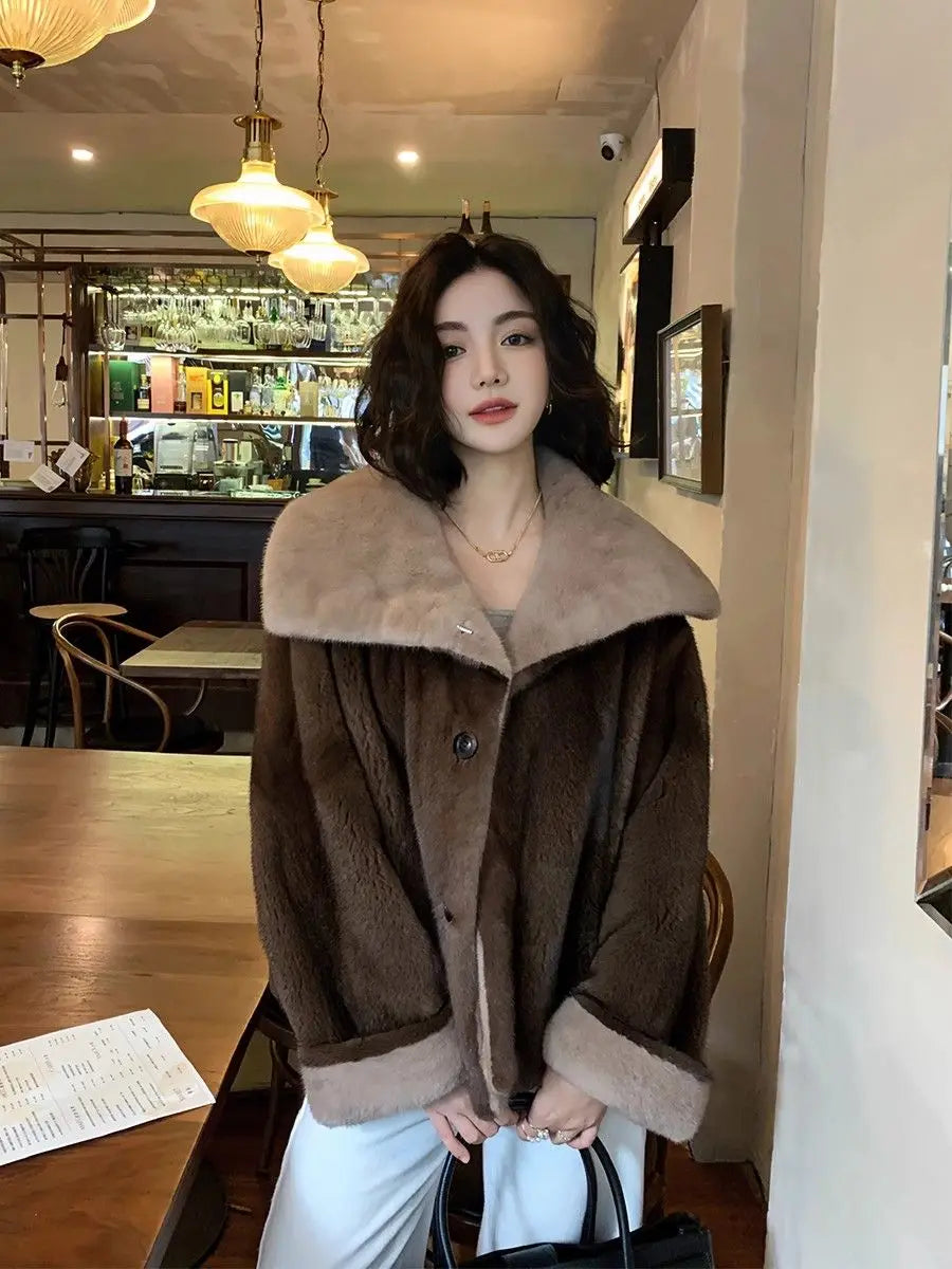 2025 New Coffee Colored Faux Mink Fur Spliced Lapel Fur Coat for Women Young and Loose