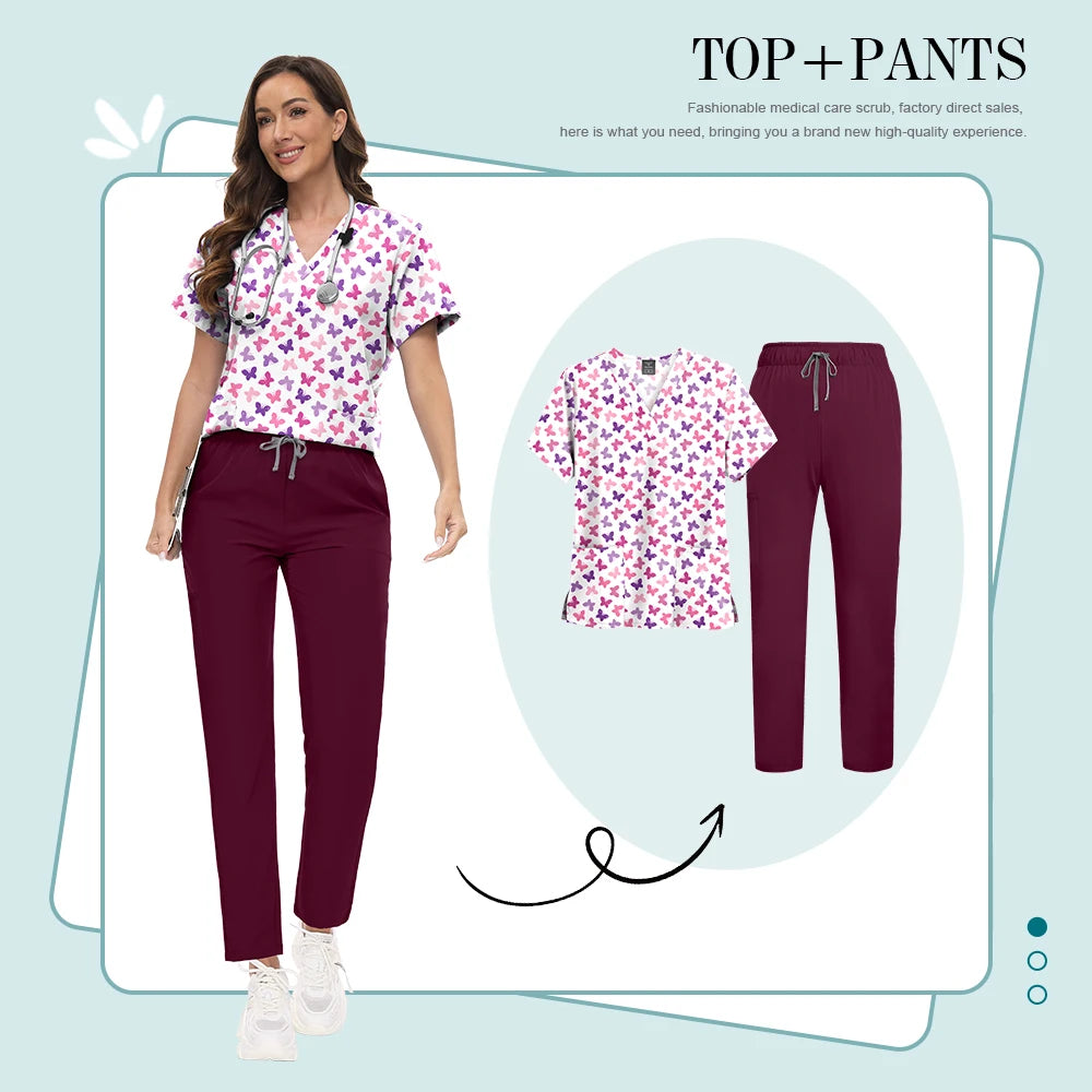 Scrubs Uniforms Sets High-quality Medical Scrub Multicolor Animal Printed Women Scrub Tops Medical Scrubs Uniform Nurse Lab Wear