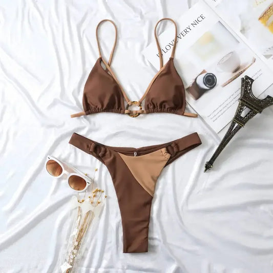 Swimwear Bikini Suit for Lady Sexy Swimsuit Women Summer Holiday Solid Sea Bra and Underwear for Swimming Brown#1#W