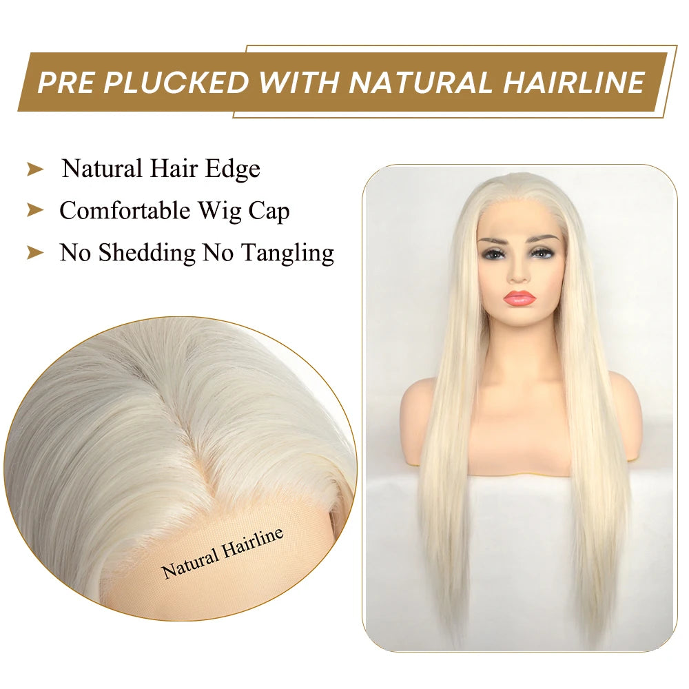 Voguequeen Platinum Blonde Synthetic Lace Front Wigs Silky Straight Heat Resistant Fiber Daily Wear For Women