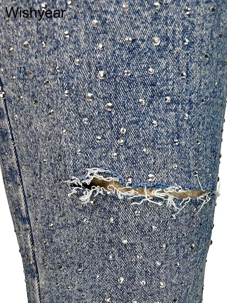 Fashion Skinny Stretch Jeans for Women Luxury Diamonds Hole Pencil Pants High Waist Washed Streetwear Y2k Streetwear Trousers